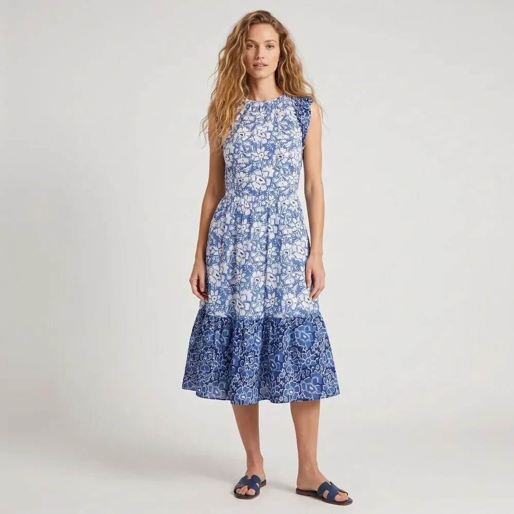 J.Crew Blue Floral Tiered Midi Dress Ruffle Size 6 Woodblock Indigo Cotton